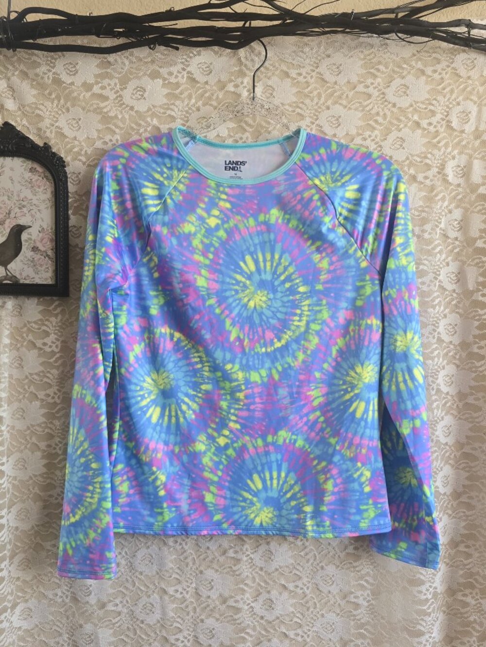 Land's End Girls' Long Sleeve Rash Guard - Tie-dye - swim shirt - vibrant swim